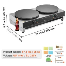 Sähkökrepintekijä kaksipäinen ruostumaton teräs 3400 wattia pyöreät tasaiset levyt pöytämallinen ammattikäyttöön