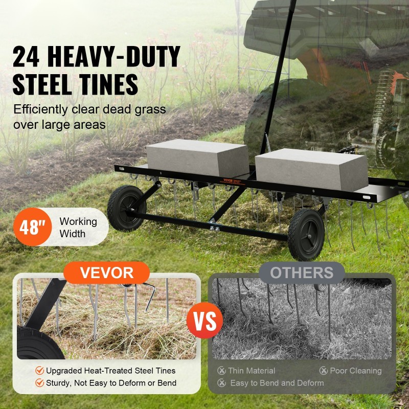 Hinattava nurmikon sammaleenpoistaja Q235-teräksestä 48 tuuman työleveys 24 jousiteräspiikkiä