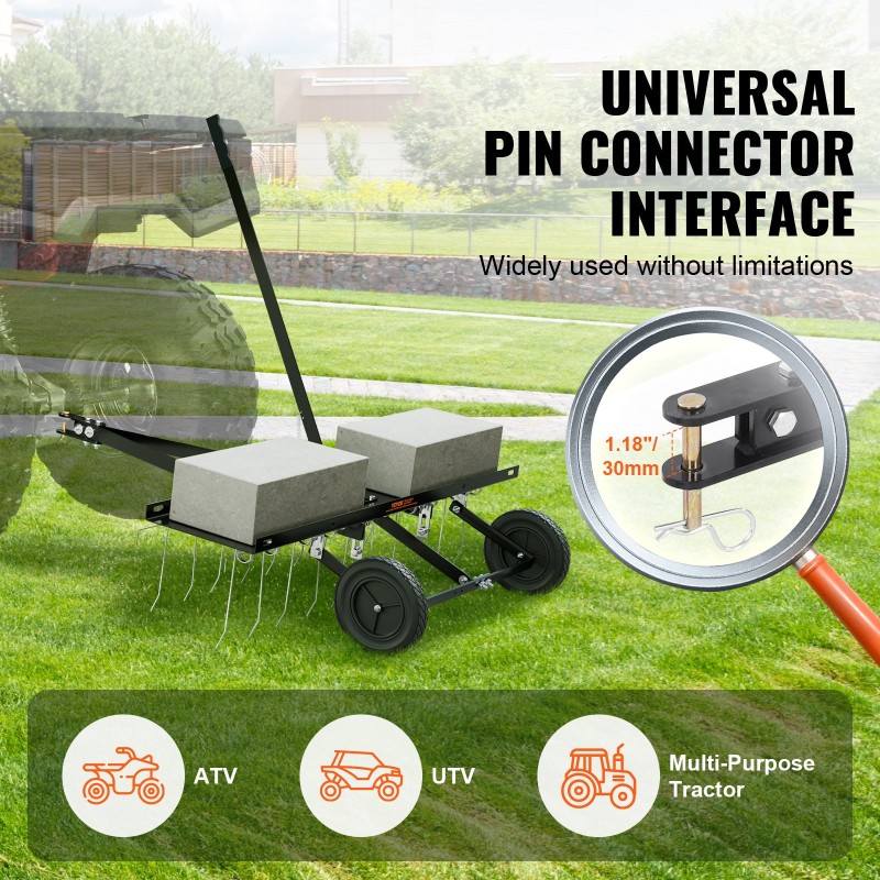 Vedettävä sammalharava Q235-teräs 40-tuumainen 20 jousiteräspiikkiä ATV-ajoneuvoille ja ajettaville ruohonleikkureille