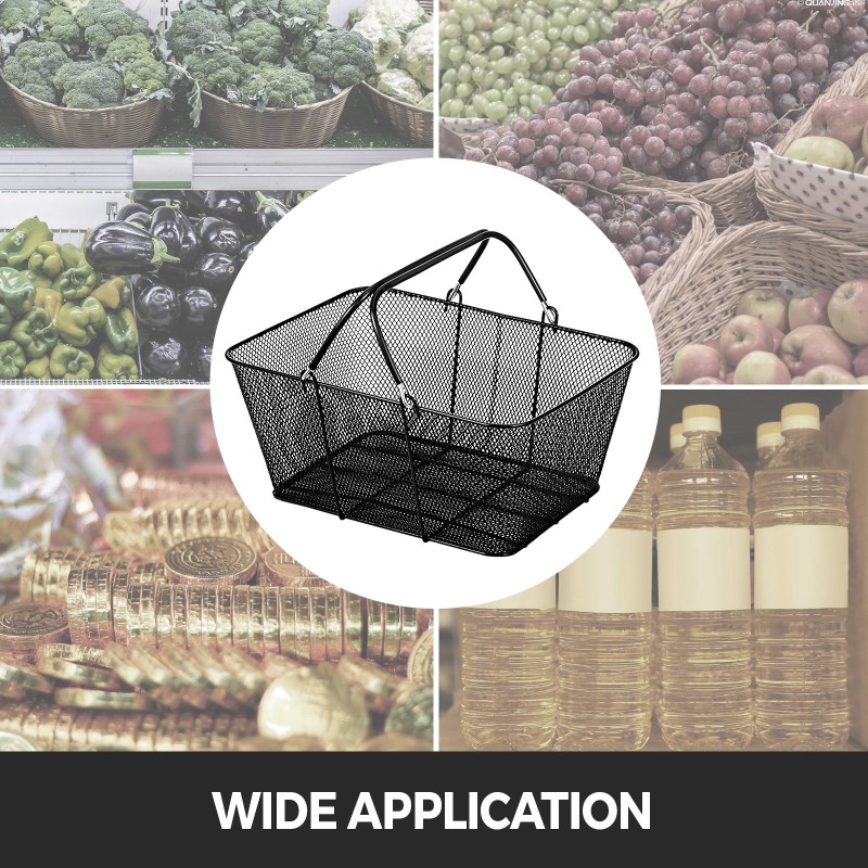 Metalliset mustat ostoskorit 12 kpl 41 x 31 x 18 cm rautatelineellä