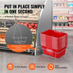 Muoviset ostoskorit 12 kpl 21 litraa metallikahvalla ja telineellä myymäläkäyttöön