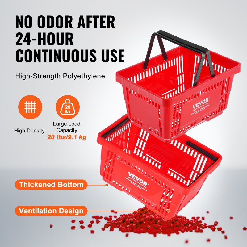 Ostoskorit 12 kappaletta 24 l polyeteenimuovi ergonominen kahva metallinen teline punainen
