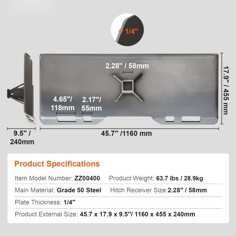 Liukuohjatun kuormaajan kiinnityslevy 50-luokan teräs sopii 45 tuuman sisäleveydelle