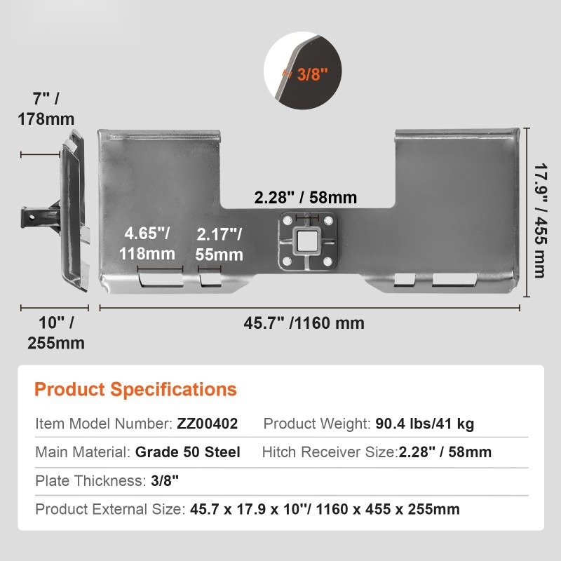 Pikakiinnitteinen kuormaajalevy 50-luokan teräs 9,5 mm 45 tuuman sisäleveys 2,28 tuuman vetovastaanotin