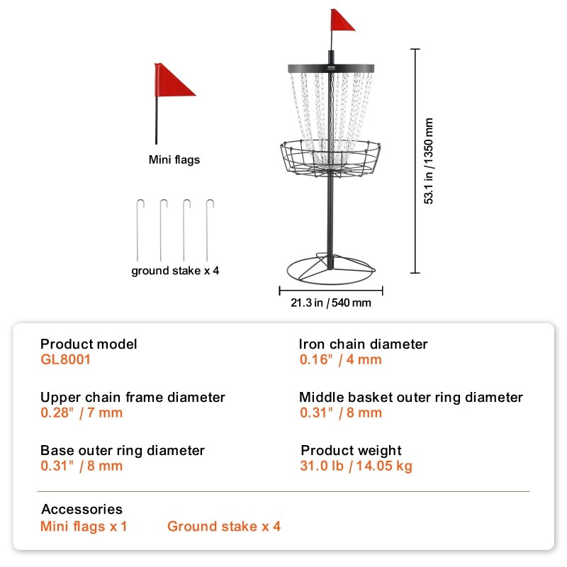 Frisbeegolf-kori teräs kaksikymmentäneljä galvanoitua ketjua musta sisä- ja ulkokäyttöön