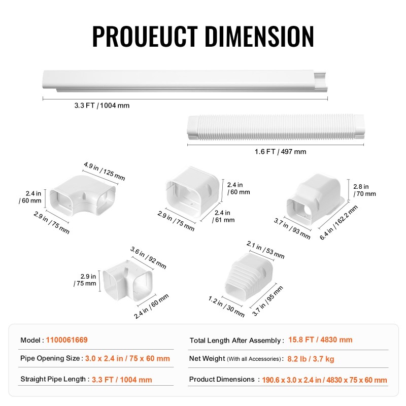 Putkisuojasarja PVC ja PE ilmalämpöpumpulle 4830 mm 75x60 mm neljä suoraputkea maalattavissa