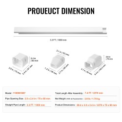 Putkisuoja PVC-PE-muovia 2270 mm 75x60 mm ilmastoinnille ja lämpöpumpuille valkoinen