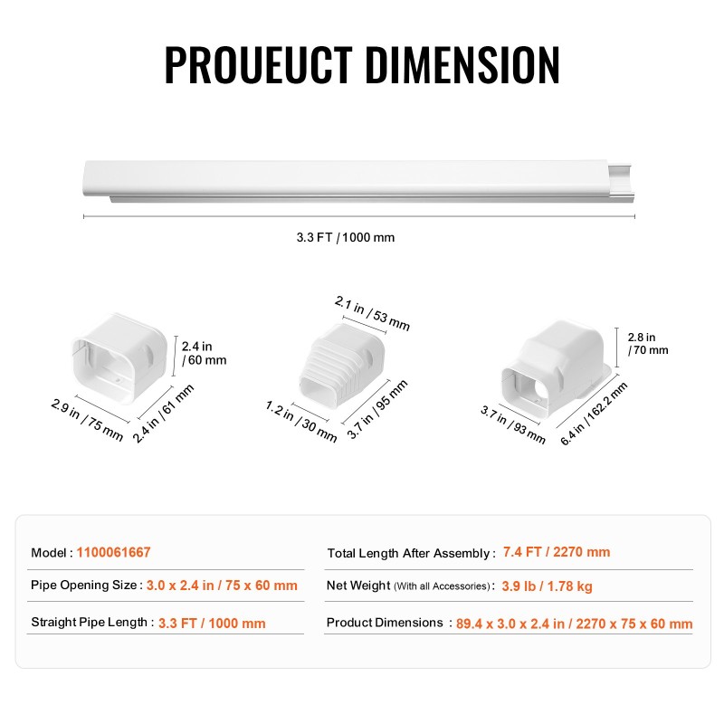 Putkisuoja PVC-PE-muovia 2270 mm 75x60 mm ilmastoinnille ja lämpöpumpuille valkoinen