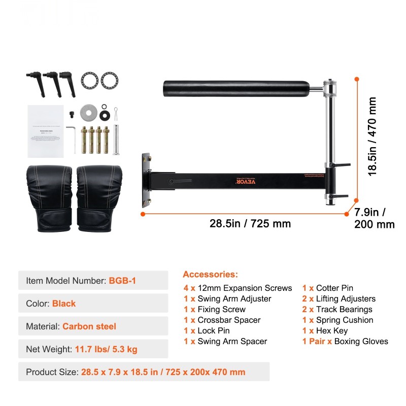 Seinään asennettava nyrkkeilytanko 360 asteen pyörivä hiiliteräsrunko korkeussäädettävä musta