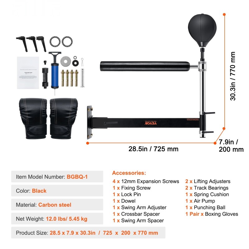 Seinään asennettava hiiliteräs nyrkkeilytanko nyrkkeilypallolla korkeussäädettävä kolmesataakuusikymmentä astetta pyörivä