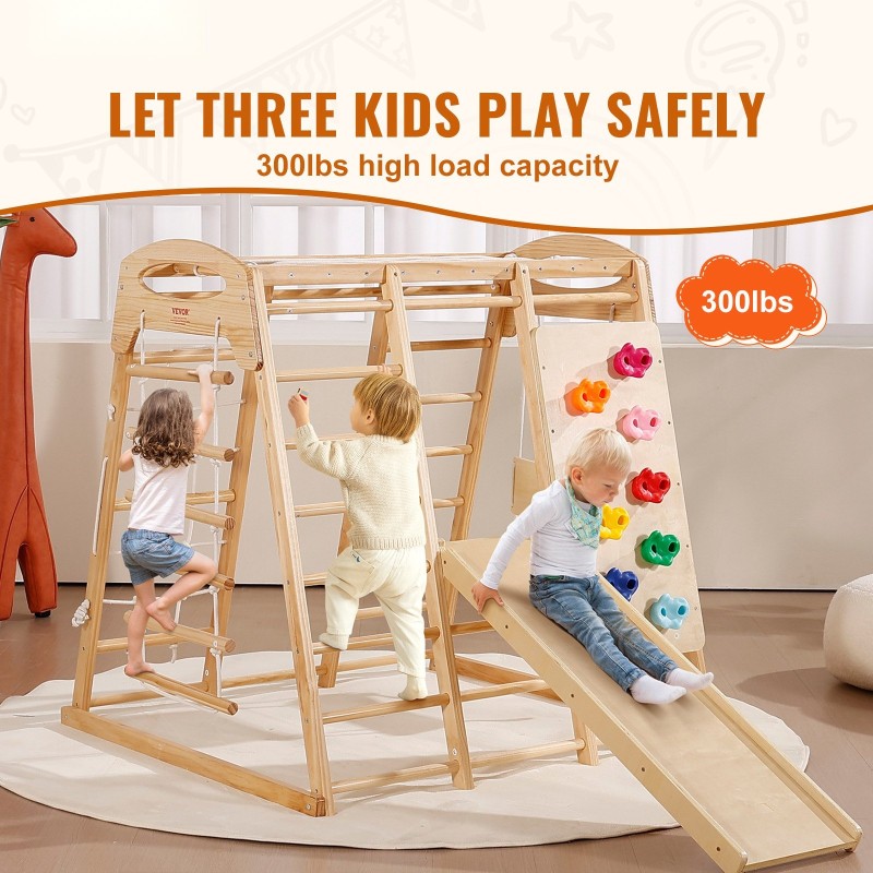 Sisäleikkiteline massiivimännystä ja muovista seitsemänosainen leikkikokonaisuus keinu liukumäki apinapuutangot