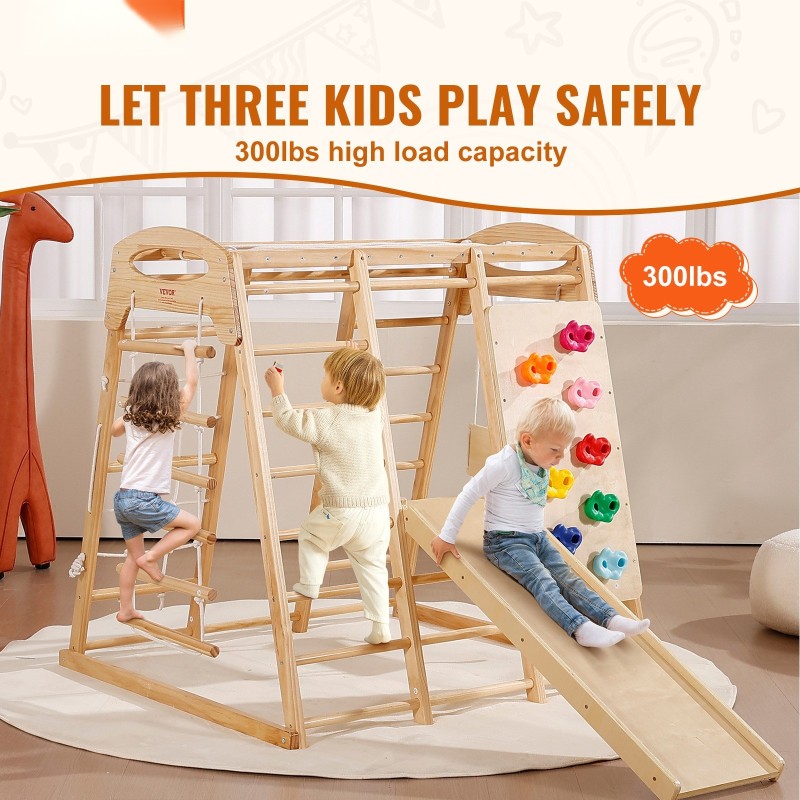 Sisäleikkiteline massiivimännystä seitsemänosainen leikkikeskus 2–6-vuotiaille keinulla liukumäellä köysitikkailla apinapuilla