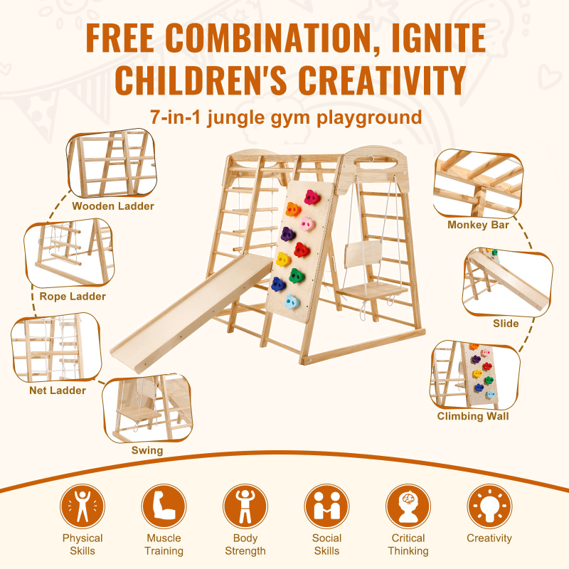 Sisäleikkiteline massiivimännystä seitsemänosainen leikkikeskus 2–6-vuotiaille keinulla liukumäellä köysitikkailla apinapuilla