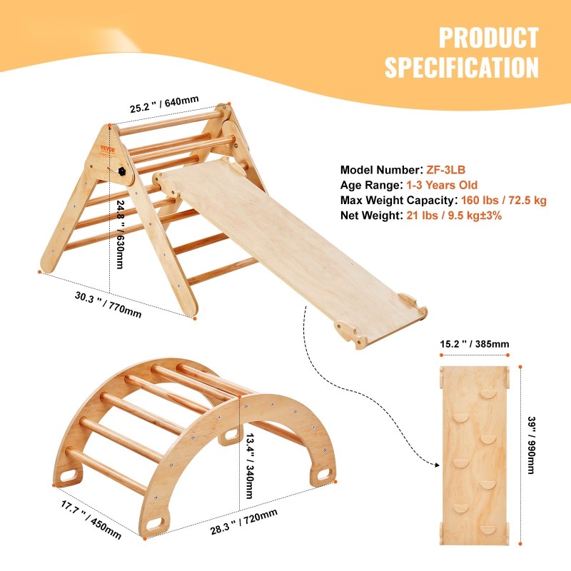 Puinen 5-osainen sisäkiipeilysetti kolmio ramppi kaari Montessori 1–3-vuotiaille