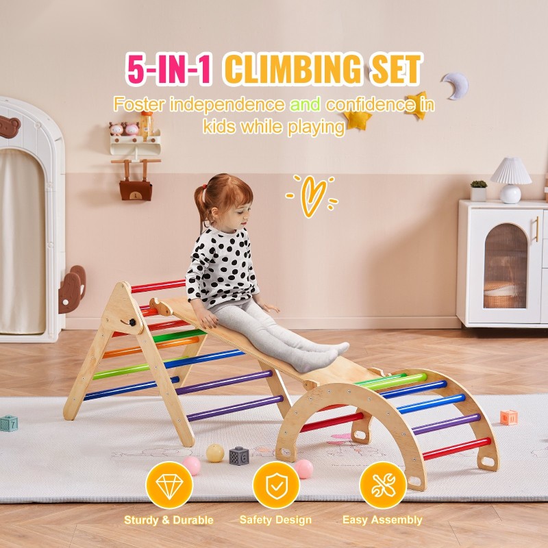 Pikler-kolmio mäntypuusta 1–3-vuotiaille sisäkiipeilysetti viisi leikkitapaa värikkäillä tangoilla rampilla ja kaarella