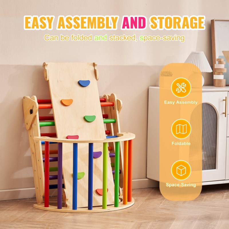 Pikler-kolmio mäntypuusta 1–3-vuotiaille sisäkiipeilysetti viisi leikkitapaa värikkäillä tangoilla rampilla ja kaarella