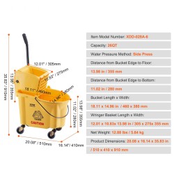 Moppiämpäri 26 QT sivupuristuslinkolla polypropeeninen linko pyörillä ammatti- ja teollisuuskäyttöön keltainen