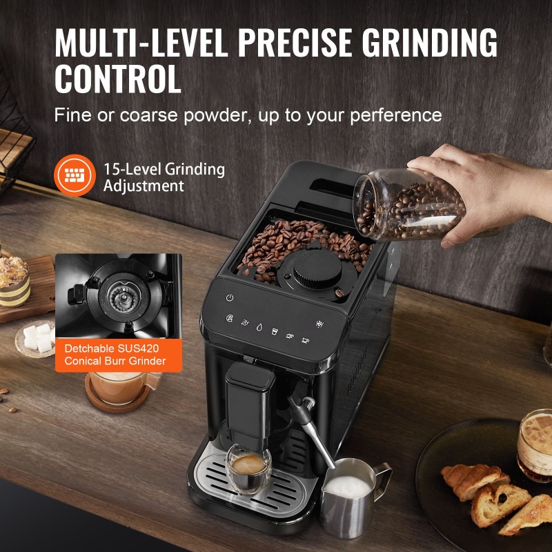 Automaattinen espressokone sisäänrakennetulla kartioterämyllyllä 15-portainen jauhatus höyrysuutin 20 bar 1,5 l vesisäiliö