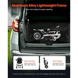 Sähköpyörätuoli alumiiniseosrunko taittuva kevyt 136 kg kantavuus 21 km ajomatka