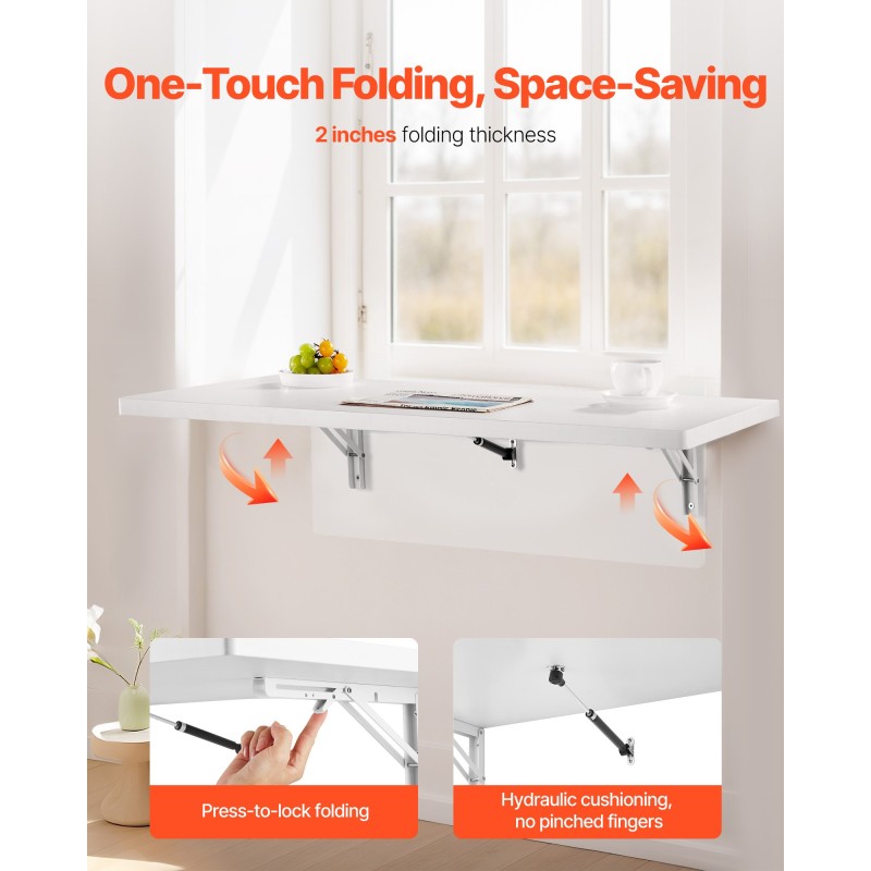 Seinään kiinnitettävä lastulevyinen taittopöytä 1000 x 500 mm rautakannattimilla valkoinen 50 kg