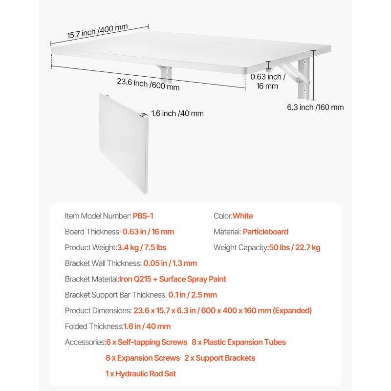 Seinään kiinnitettävä taittopöytä lastulevy 600 x 400 mm kantaa 23 kg