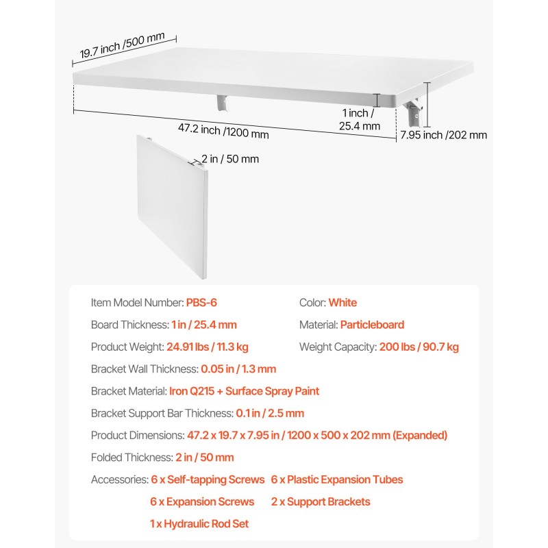 Seinään kiinnitettävä taittopöytä lastulevy valkoinen 1200 x 500 mm kuormankesto 91 kg