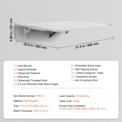 Seinään kiinnitettävä lastulevyinen taittopöytä 800 x 600 mm valkoinen rautakiinnikkeillä