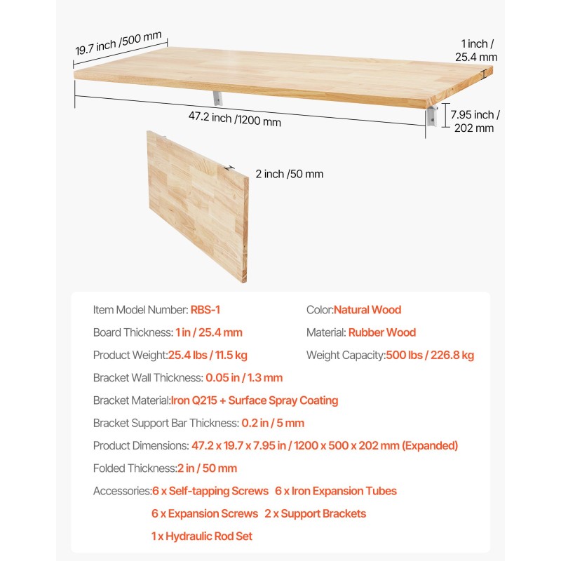 Seinäpöytä taittuva kumipuinen 1200 x 500 mm seinään kiinnitettävä
