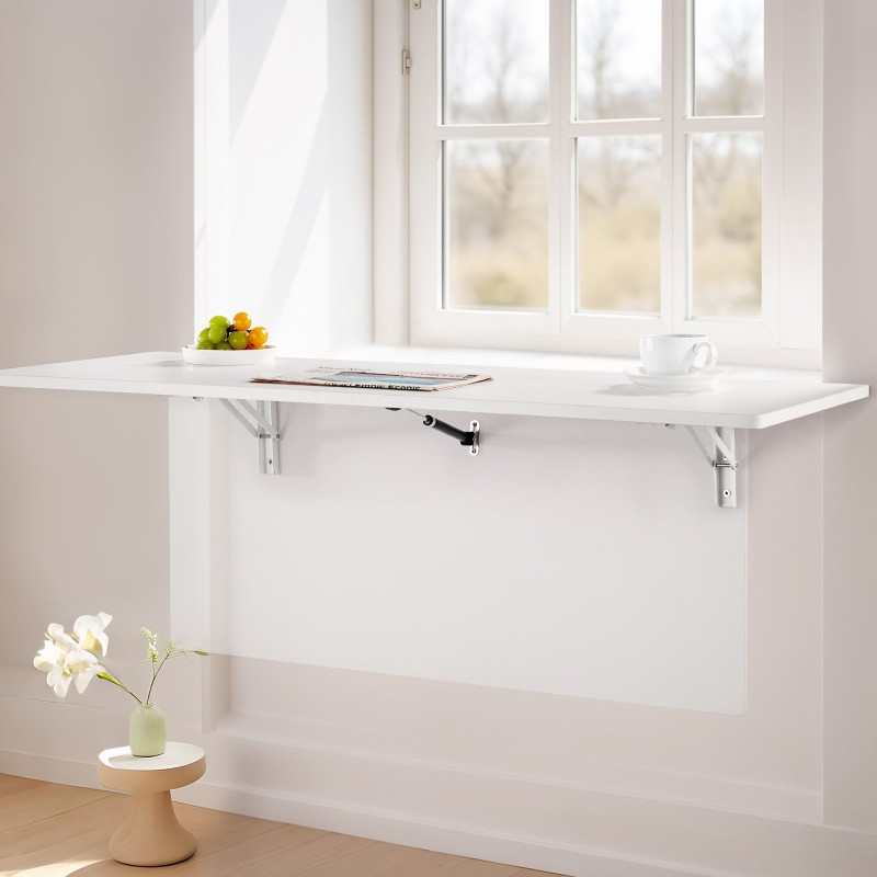 Seinään kiinnitettävä lastulevyinen taittopöytä 110 x 46 cm rautakiinnikkeillä