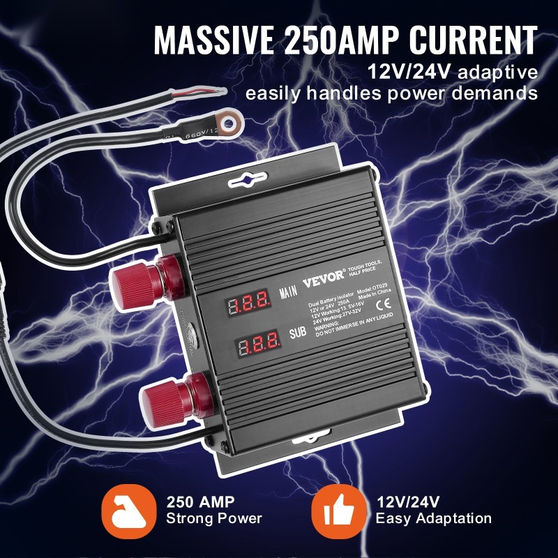 Akun erottaja 250A 12V/24V alumiiniseos kaksoisakkujärjestelmiin kahdella LED-näytöllä