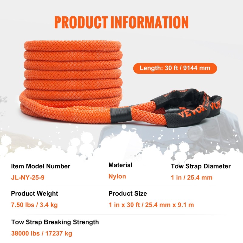 Kineettinen nyloninen vetoköysi 9,1 m 25,4 mm 17237 kg katkeamismurtolujuus 30% venymä