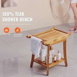 Tiikkipuinen suihkupenkki 56x36,5x47 cm kaksitasoinen säilytyshylly säädettävät jalat