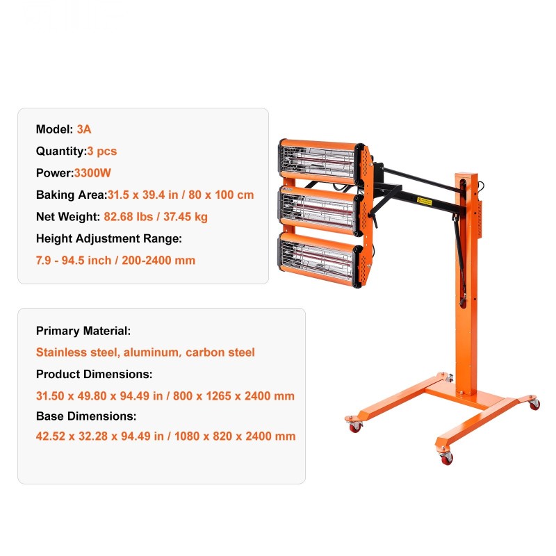 Infrapunakuivauslamppu 3300 wattia ajastin 1–60 minuuttia säädettävä korkeus 200–2400 millimetriä jalustalla