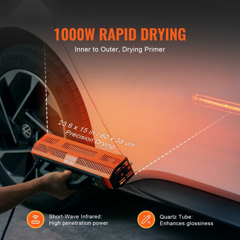 Infrapunakuivauslamppu tuhannen watin käsikäyttöinen ruostumaton teräs ja alumiini auton ja pintojen kuivaukseen