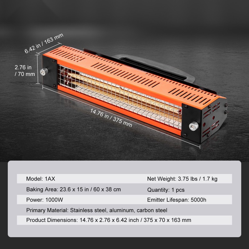 Infrapunakuivauslamppu tuhannen watin käsikäyttöinen ruostumaton teräs ja alumiini auton ja pintojen kuivaukseen