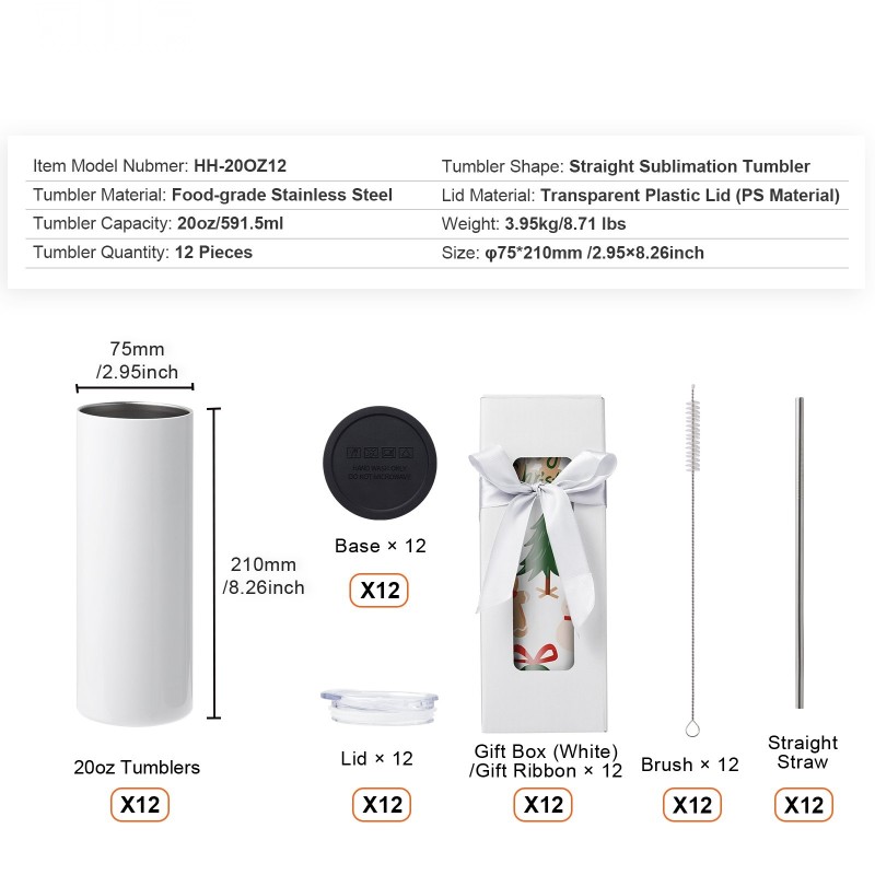 Suorat sublimaatiotermosmukit elintarvikekelpoinen ruostumaton teräs 591,5 ml 12 kpl