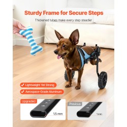 Takajalkojen pyörätuoli koiralle alumiinirunkoinen säädettävä iskunvaimennuspyörillä erittäin pieni enintään kymmenen kiloa