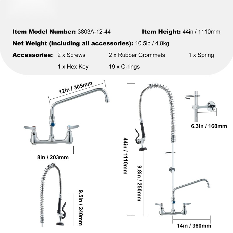 Seinään asennettava esihuuhteluhana ammattikeittiöön messinki ja 304-ruostumaton teräs kääntyvä 12 tuuman juoksuputki