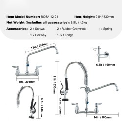 Seinäasennettava messinkinen keittiöhana esihuuhtelusuuttimella korkeus 21 tuumaa 12 tuumaa kääntyvä juoksuputki