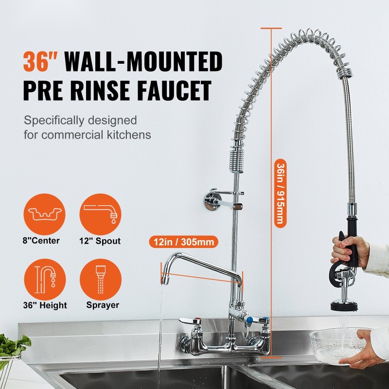 Seinäasennettava keittiöhana messinkirungolla ja 304-ruostumattomalla teräksellä esihuuhteluruisku 91,4 cm