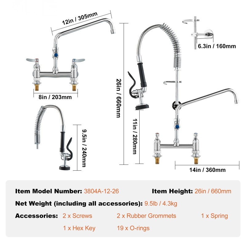 Keittiöhana messinkinen 66 senttimetriä korkea esihuuhteluruiskulla 30,5 senttimetriä kääntyvällä juoksuputkella
