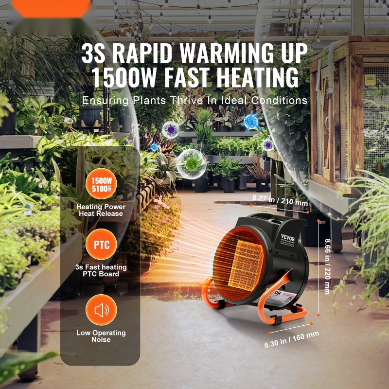Sähköinen kasvihuonelämmitin 2000W PTC-lämmitys 3-nopeuksinen kannettava seosteräsrunko IP20-suojaus