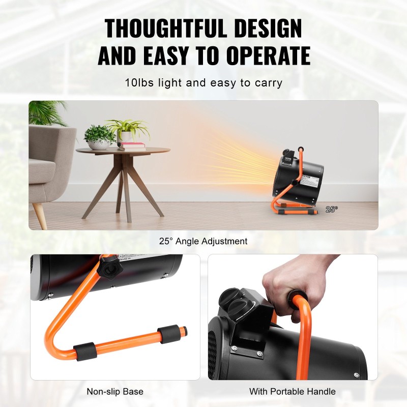 Kasvihuonelämmitin 2000W pieniin ja keskisuuriin kasvihuoneisiin IP24 roiskesuoja 2-nopeutta teräsrunko kannettava