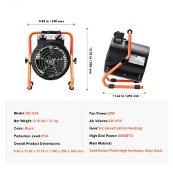 Kasvihuonelämmitin 2000W pieniin ja keskisuuriin kasvihuoneisiin IP24 roiskesuoja 2-nopeutta teräsrunko kannettava