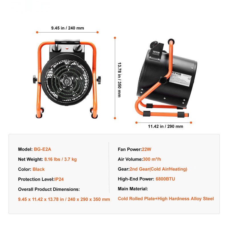 Kasvihuonelämmitin 2000W pieniin ja keskisuuriin kasvihuoneisiin IP24 roiskesuoja 2-nopeutta teräsrunko kannettava