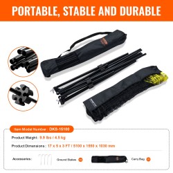 Monilajinen siirrettävä peliverkko rautaputkilla 5,1 m leveä säädettävä 0,9–1,55 m taittuva kantolaukku