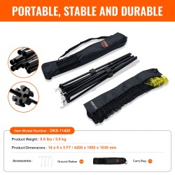 Monilajiverkko 4,2 m leveä, korkeussäädettävä 0,9–1,55 m, taittuva, rautaputkilla, kantolaukulla