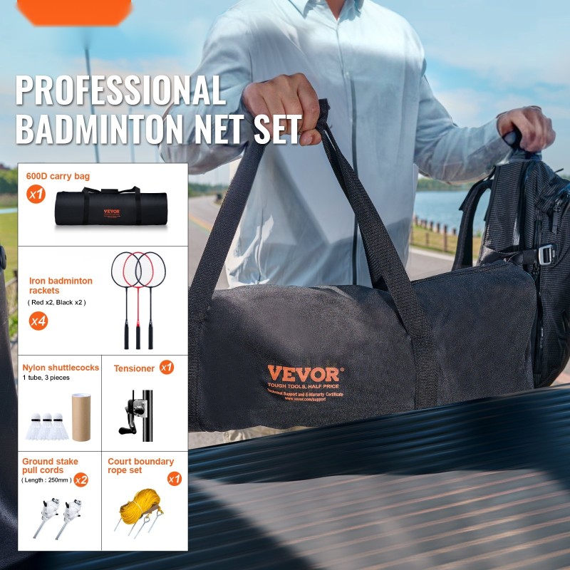 Sulkapalloverkkosetti ulkokäyttöön 6150x1585 mm jauhemaalatut tolpat 4 mailaa 3 nailonsulkaa kantolaukku