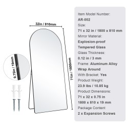 Kokovartalopeili 1800 x 810 mm alumiiniseoskehyksellä karkaistulla lasilla jalustalla