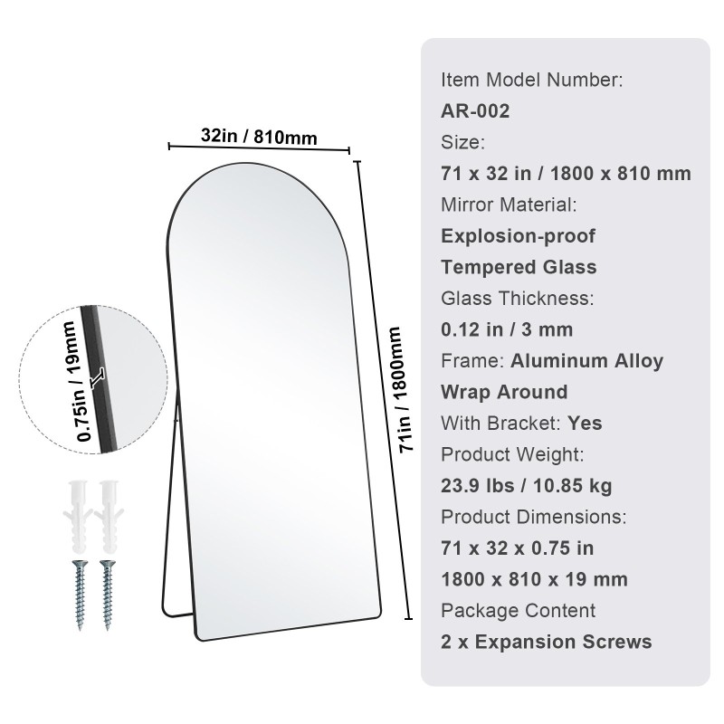 Kokovartalopeili 1800 x 810 mm alumiiniseoskehyksellä karkaistulla lasilla jalustalla